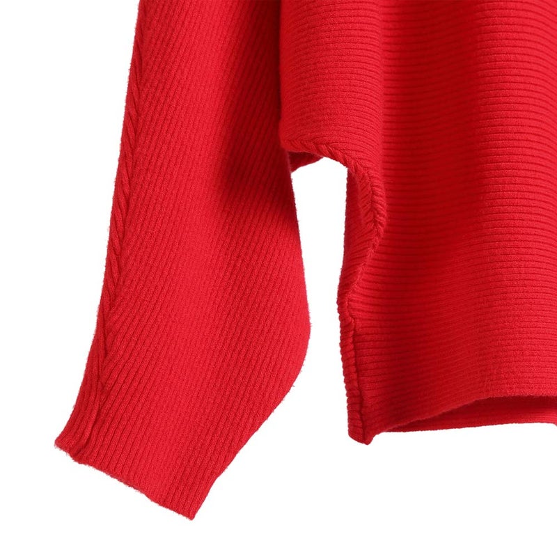 Ckikiou Womens Lightweight Oversized Boat Neck Sweaters Tops Dolman Batwing Sleeve Ribbed Knitted Pullovers Bright Red - Image 3